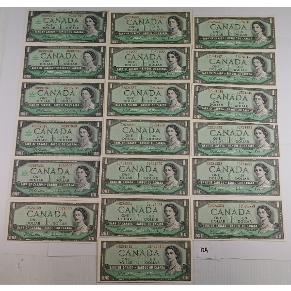 LOT OF 19 - 1967 CDN $1 BANKNOTES - INCL SEQUENTIAL 