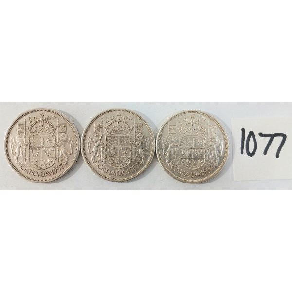 LOT OF 3 - 1957 CDN 50 CENT SILVER COINS
