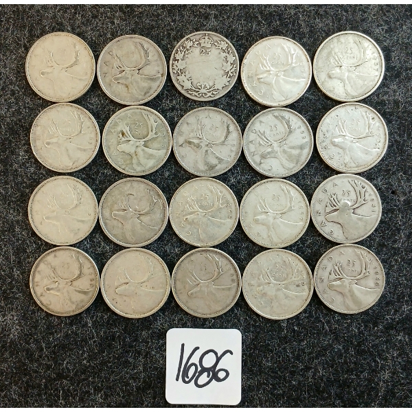 LOT OF 20 - 1919-1968 CDN 25 CENT COINS