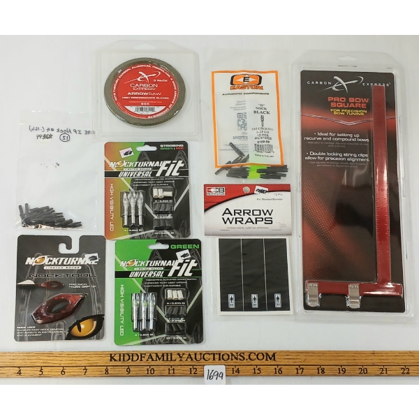 LOT OF 8 - ARCHERY ACCESSORIES - PRO BOW SQUARE, ARROW SAW, LIGHTED NOCKS, ETC