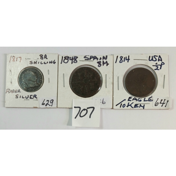 LOT OF 3 - 1814 US 1/2 PENNY EAGLE TOKEN, 1817 BRITISH SHILLING & 1848 SPAIN 8M COIN