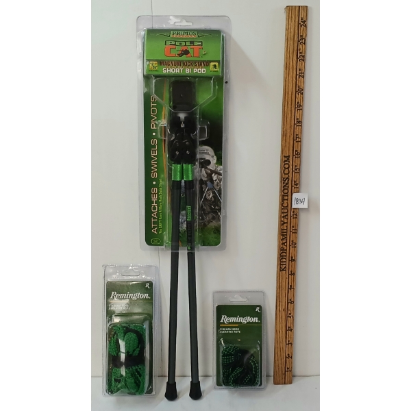 LOT OF 3 - PRIMOS POLE CAT SHORT BIPOD & REMINGTON BORE SNAKES