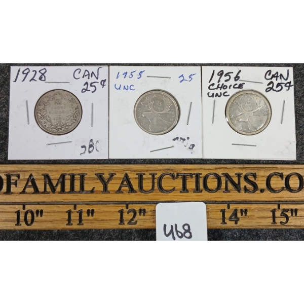LOT OF 3 - 1928-1955 CDN 25 CENT COINS