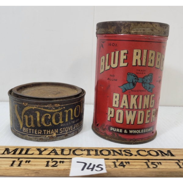 LOT OF 2 - BLUE RIBBON BAKING POWDER & VULCANOL CANS