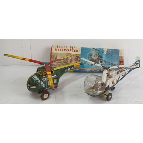 LOT OF 2 - TIN FRICTION & WIND UP ARMY & HIGHWAY PATROL HELICOPTERS