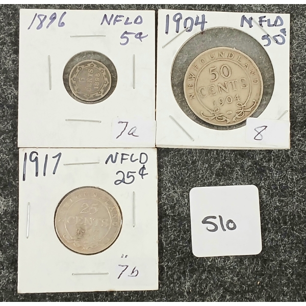 LOT OF 3 - 1896, 1904 & 1917 NEWFOUNDLAND SILVER 5, 25 & 50 CENT COINS