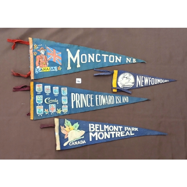 LOT OF 4 - PENNANT BANNERS - MONCTON, PRINCE EDWARD ISLAND, NEWFOUNDLAND, ETC