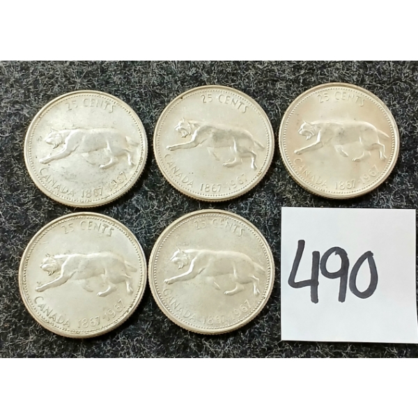 LOT OF 5 - 1967 CDN 25 CENT SILVER COINS