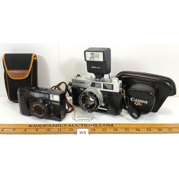LOT OF 2 - 1965 QL 19 CANON CANONET 35MM & 1983 CANON SURE SHOT 35MM CAMERAS W/ CASES 