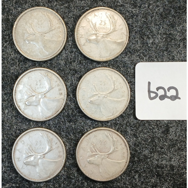 LOT OF 6 - 1958-1962 CDN 25 CENT COINS