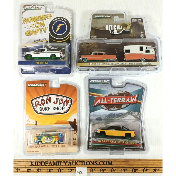 LOT OF 4 - GREENLIGHT DIECAST RON JON SURF SHOP '69 VOLKSWAGEN TYPE 2 BUS, 2016 FORD F-150, ETC
