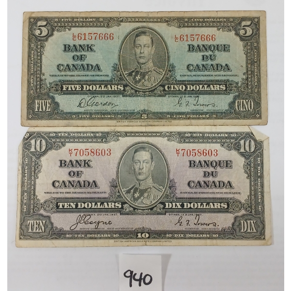 LOT OF 2 - 1937 CDN $5 & $10 BANKNOTES