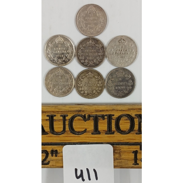 LOT OF 7 - 1890-1916 CDN 5 CENT COINS