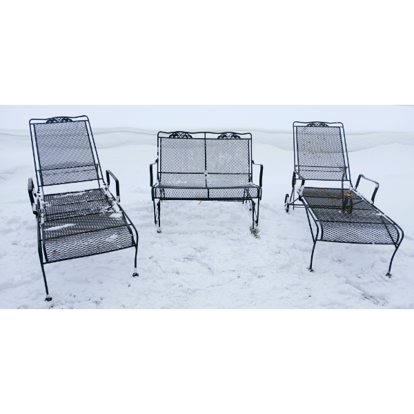 LOT OF 3 - WROUGHT IRON GLIDER BENCH & LOUNGERS