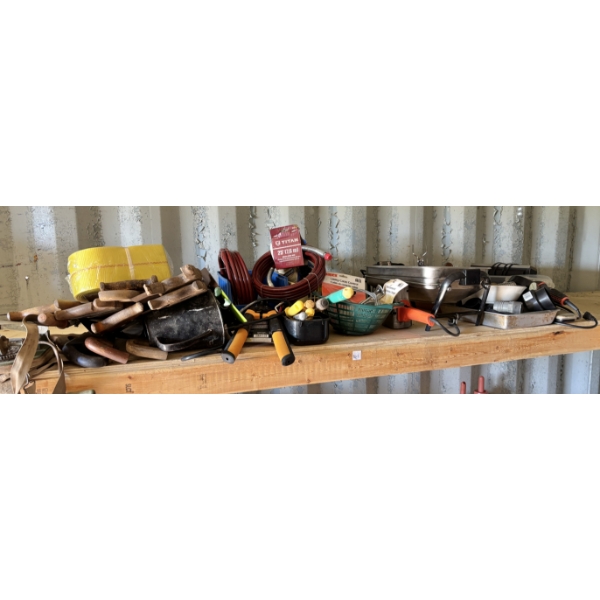 SHELF LOT - INCLUDES SPRAY HOSE, TOW STRAP (NEW), GARDEN  TOOLS