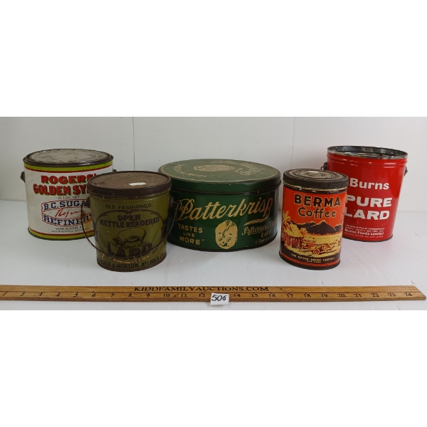 LOT OF 5 - ADVERTISING TINS - INCL BERMA COFFEE, ROGERS' GOLDEN SYRUP, PATTERKRISP, ETC