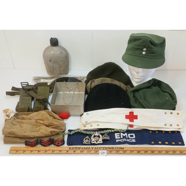 JOB LOT - MISC CAPS, ARMBANDS, MESS TIN, CANTEEN, PATCHES, BAYONET FROGS, ETC