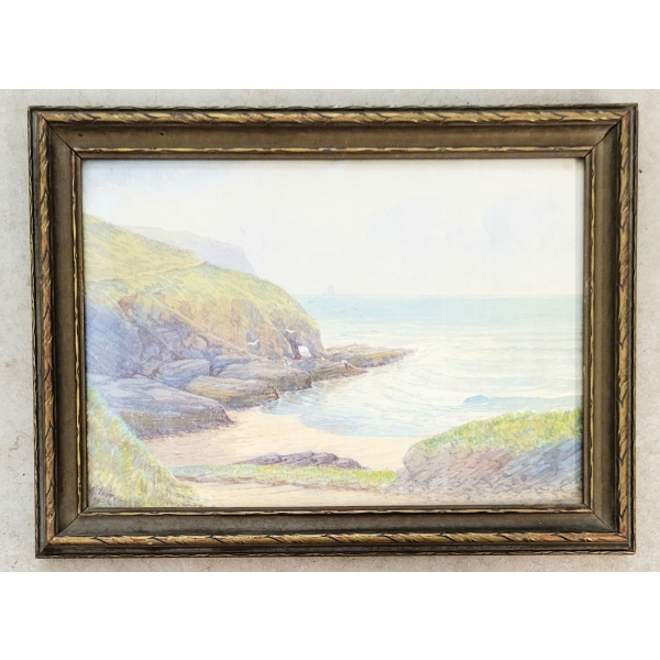 MISTY CLIFFSIDE BY A. THOMAS - FRAMED WATERCOLOUR ON PAPER