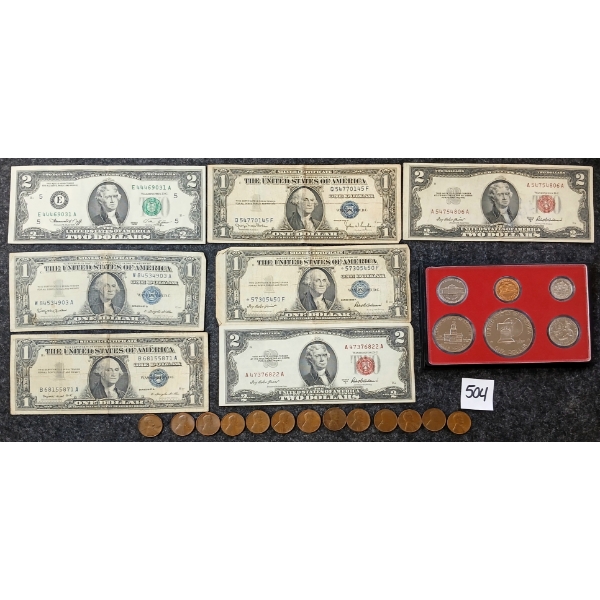 JOB LOT - 1976 U.S. PROOF SET, 1940'S-1970'S 1 CENT COINS, $1 & $2 BANKNOTES