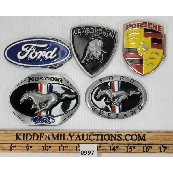 LOT OF 5 - BELT BUCKLES - INCL FORD, LAMBORGHINI & PORSCHE