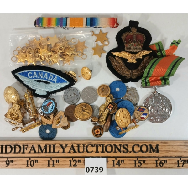 JOB LOT - WWII CDN BUTTONS, BADGES, PINS, MEDAL, RATION TOKENS, ETC