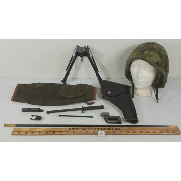 LOT OF 9 - LEATHER PISTOL HOLSTER, HELMET COVER, BIPOD, ETC