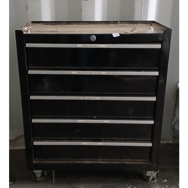 ROLLING TOOL CHEST W/ CONTENTS - SAWS, SCREWDRIVERS, PLIERS, ETC