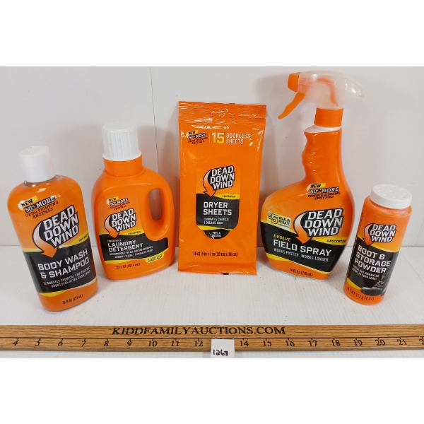 LOT OF 5 - DEAD DOWN WIND POWDER, DETERGENT & BODY WASH, ETC.
