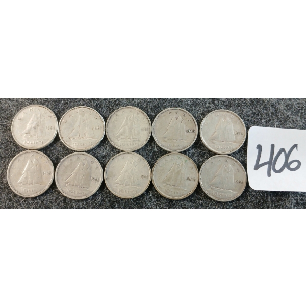 LOT OF 10 - 1945-1965 CDN 10 CENT COINS