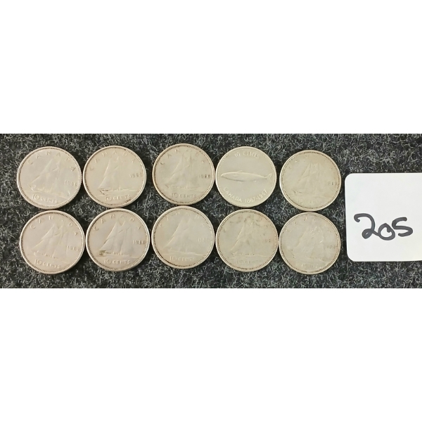 LOT OF 10 - 1961-1967 CDN 10 CENT COINS