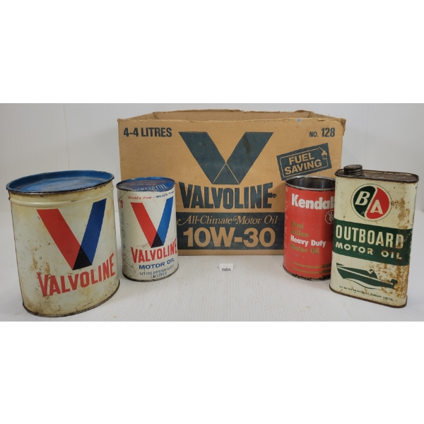 LOT OF 5 - B/A OUTBOARD MOTOR OIL,  KENDALL, VALVOLINE QT OIL CANS & BOX