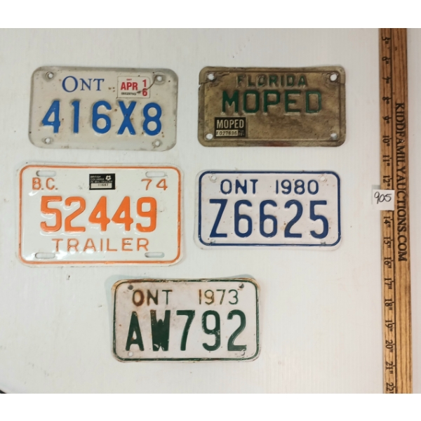 LOT OF 5 - BIKE & TRAILER LICENCE PLATES - INCL FLORIDA MOPED