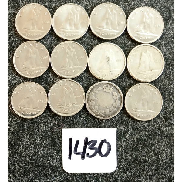 LOT OF 12 - 1884-1969 CDN 10 CENT COINS