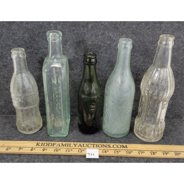 LOT OF 5 - MISC EMBOSSED BOTTLES - INCL ONTARIO SODA WATER & JALLAND & CO., ETC.