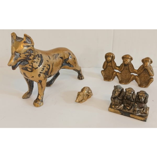LOT OF 4 - BRASS ANIMALS - DOG, MONKEYS & RAT - MID CENTURY