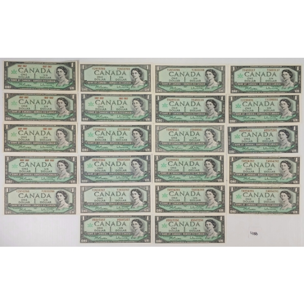 LOT OF 22 - 1954 & 1967 CDN $1 BANKNOTES - INCL UNCIRCULATED & CONSECUTIVE 