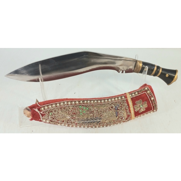 INDIAN KHANJAR KNIFE W/ BEADED VELVET SCABBARD