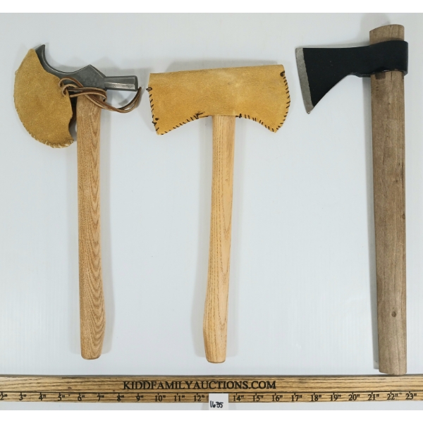LOT OF 3 - HATCHETS / THROWING AXES W/ LEATHER COVERS
