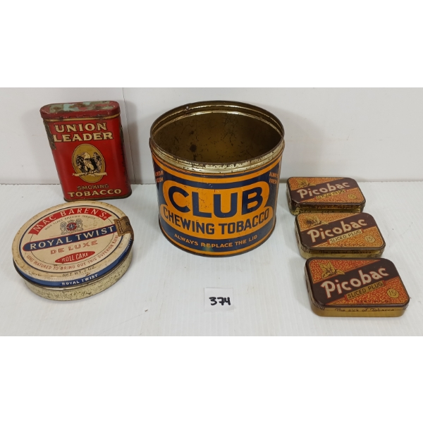 LOT OF 6 - MISC TOBACCO TINS - INCL PICOBAC & UNION LEADER, ETC.