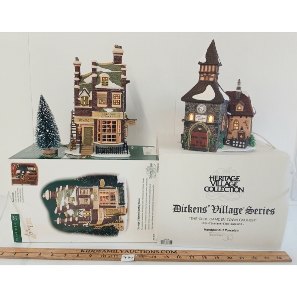 LOT OF 2 - DEPARTMENT 56 "OLD CAMDEN TOWN CHURCH" & "SCROOGE & MARLEY COUNTING HOUSE" FIGURINES