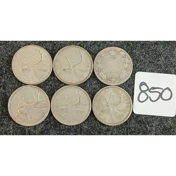LOT OF 6 - 1918-1965 CDN 25 CENT COINS