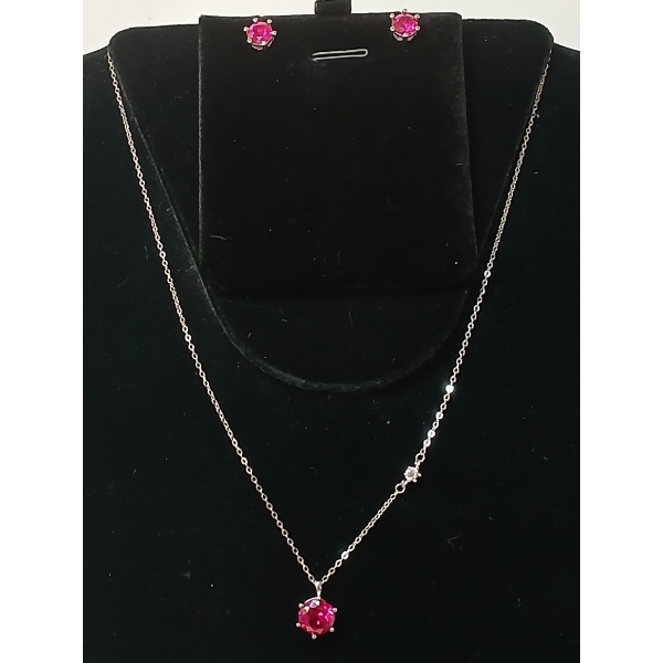 LOT OF 2 - STERLING SILVER & LAB-CREATED RUBY STUD EARRINGS & NECKLACE