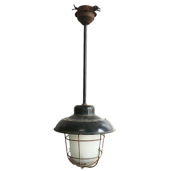 PORCELAIN-ENAMELED INDUSTRIAL PENDANT LIGHT - CIRCA 1930-50's