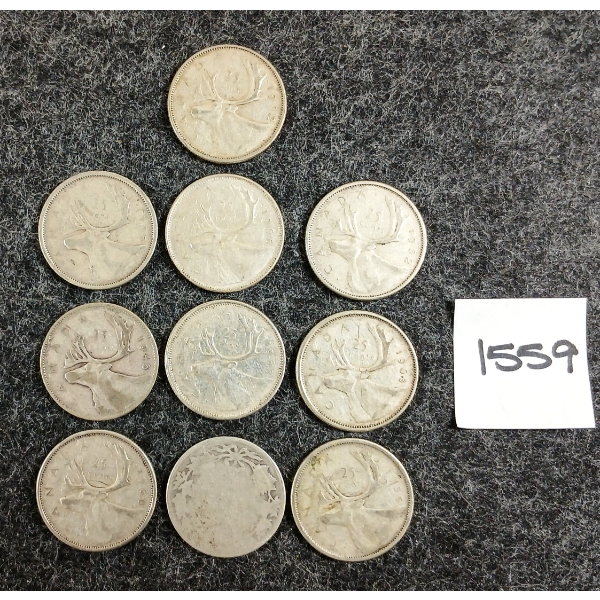 LOT OF 10 - 1945-1966 CDN 25 CENT SILVER COINS