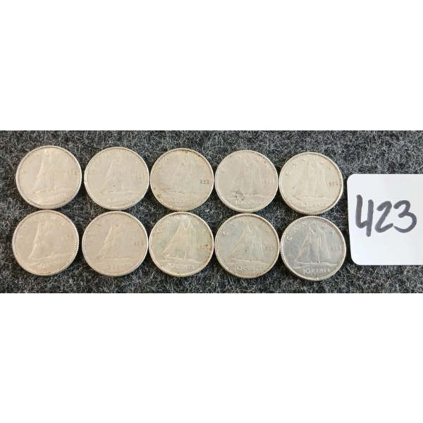 LOT OF 10 - 1958 CDN 10 CENT COINS