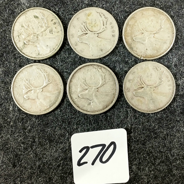 LOT OF 6 - 1943-1966 CDN 25 CENT COINS