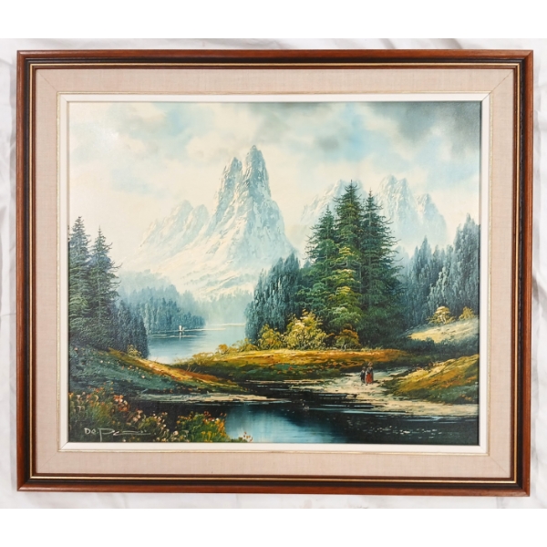RIVER LANDSCAPE BY DE. P (?) - FRAMED OIL ON CANVAS