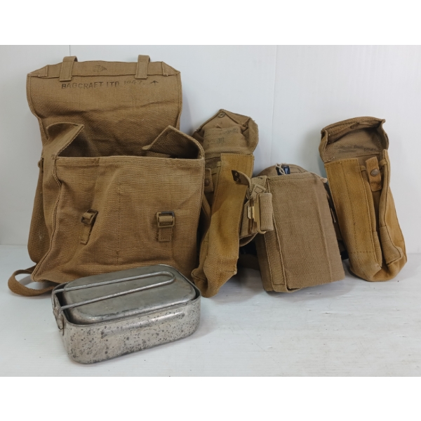 JOB LOT - WWII BRITISH PATTERN 1937 WEB EQUIPMENT - INCL BAG, MESS TIN, CANTEEN, ETC