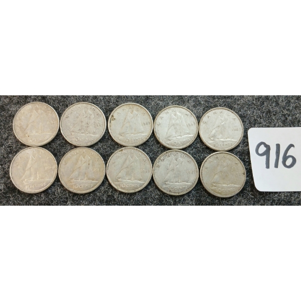 LOT OF 10 - 1960-1968 CDN 10 CENT COINS