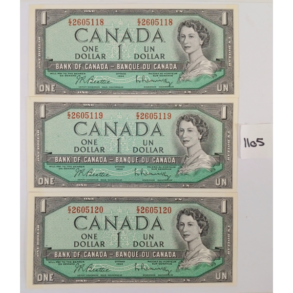 LOT OF 3 - 1954 CDN $1 BANKNOTES - SEQUENTIAL